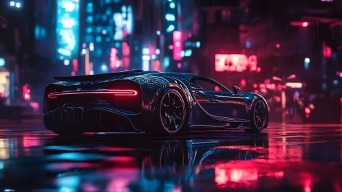 Sleek supercar in neon lit rainy night city street scene.