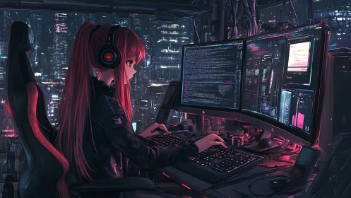 Female operator monitors multi-screen coding station at night