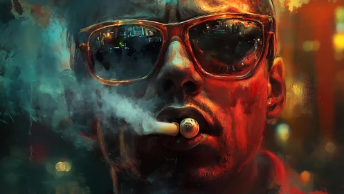 Close portrait of smoking man with neon reflections at night.