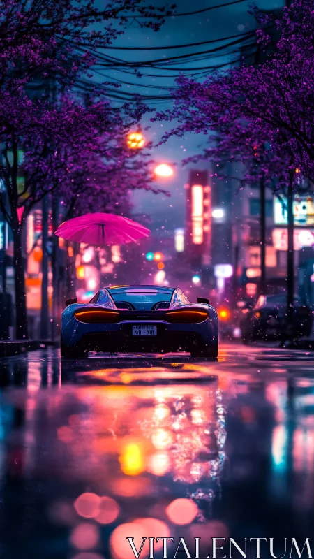 Midnight rain drive under neon lights and pink blossoms.