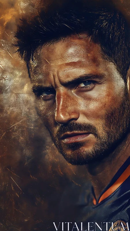 Brooding athlete portrait within textured bronze haze.
