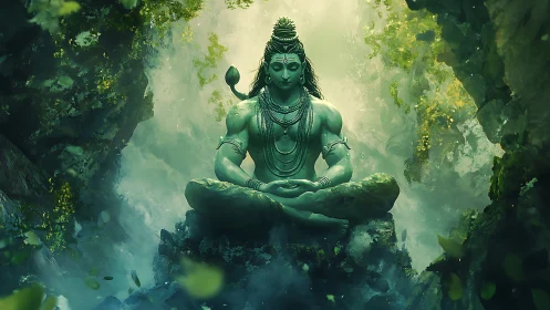 Serene emerald deity meditating amid luminous mist and cliffs