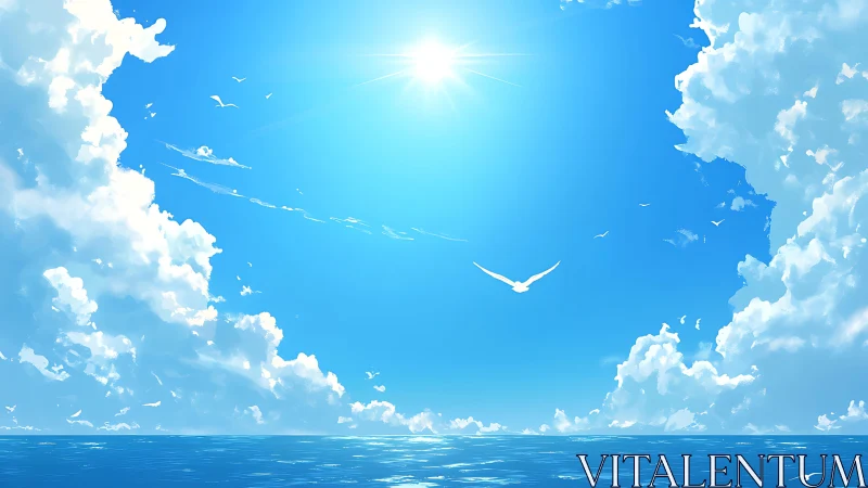 High-noon maritime skyscape with cumulus towers and seabirds