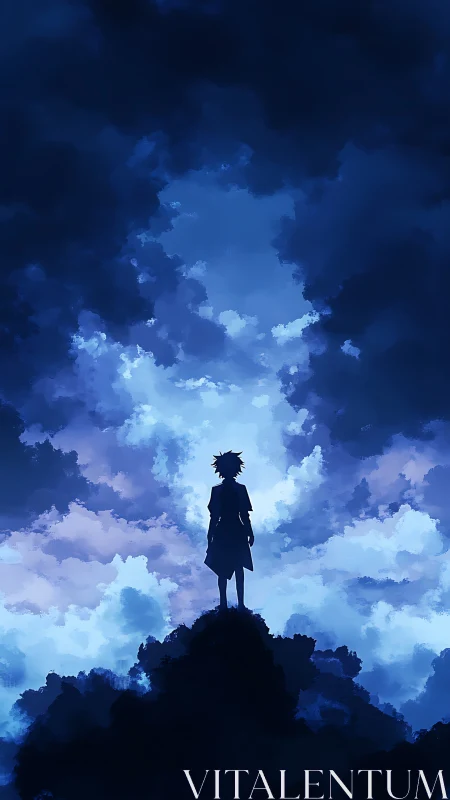 Silhouetted wanderer stands beneath a storm-bright sky