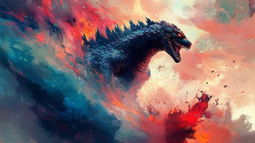 Stormborn kaiju roars through a nebula of molten sky.
