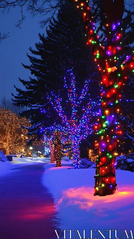 Snow covered park pathway lined with illuminated winter trees.