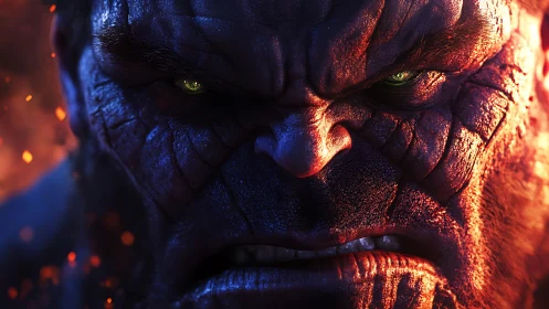 Close frontal view of textured purple humanoid face in firelight.