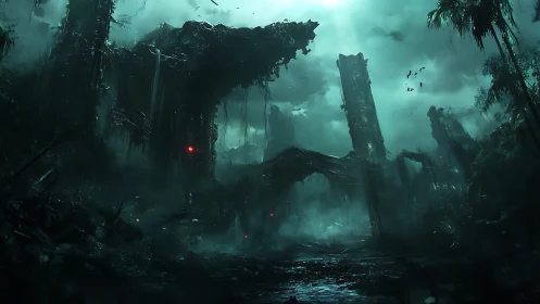 Ruined vertical structures in foggy forested landscape at dusk.