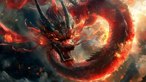 Fiery serpentine dragon coils through storm-lit inferno sky