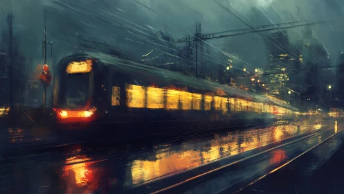 Electric train at night in rain with urban light reflections.