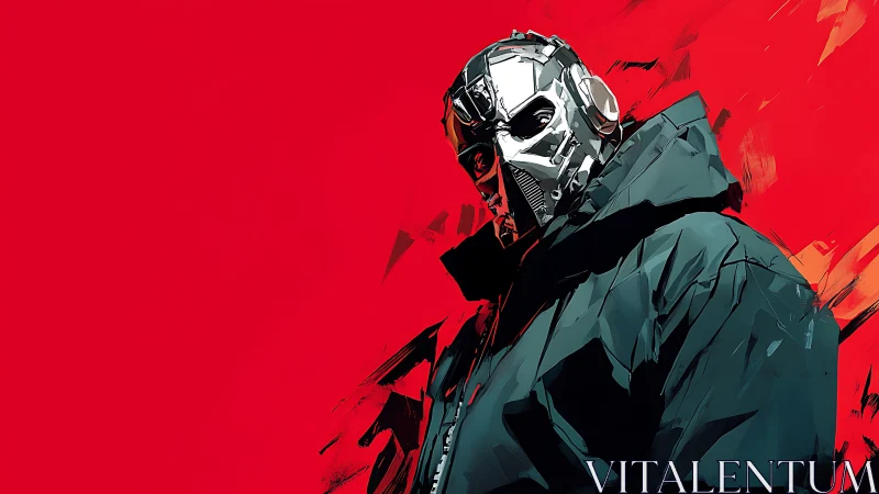 Masked figure in dark coat against flat red backdrop.