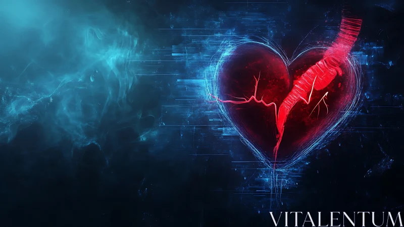 Glowing Digital Heart with Heartbeat in Tech World