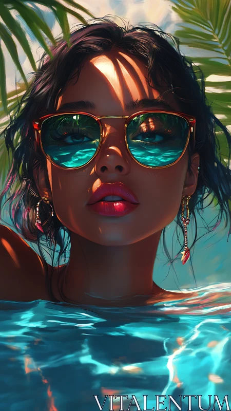 Sunlit pool portrait with reflective sunglasses and neon hues