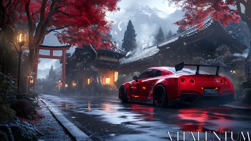 Red sports car on wet street near traditional temple at dusk.