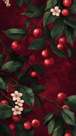 Botanical Cherries and Blossoms on Deep Crimson.