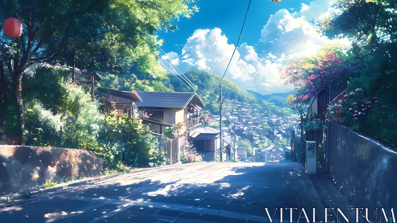 Anime hillside streetscape with luminous summer foliage rendering.