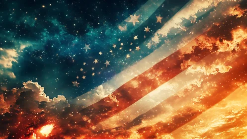 American flag overlay on dramatic starry sky and clouds.