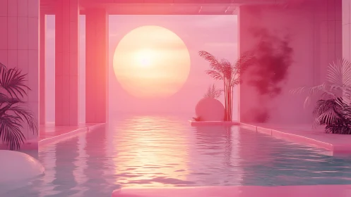 Pink sunset pool terrace with geometric palms and glow.