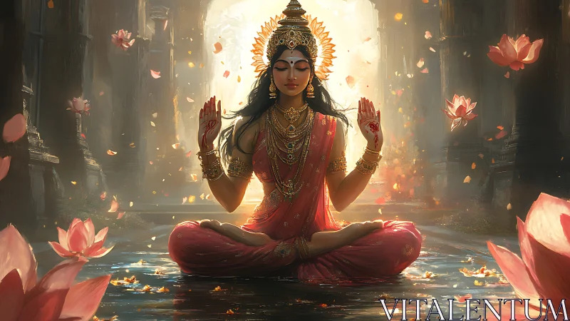 Radiant goddess in lotus meditation amid golden temple light.
