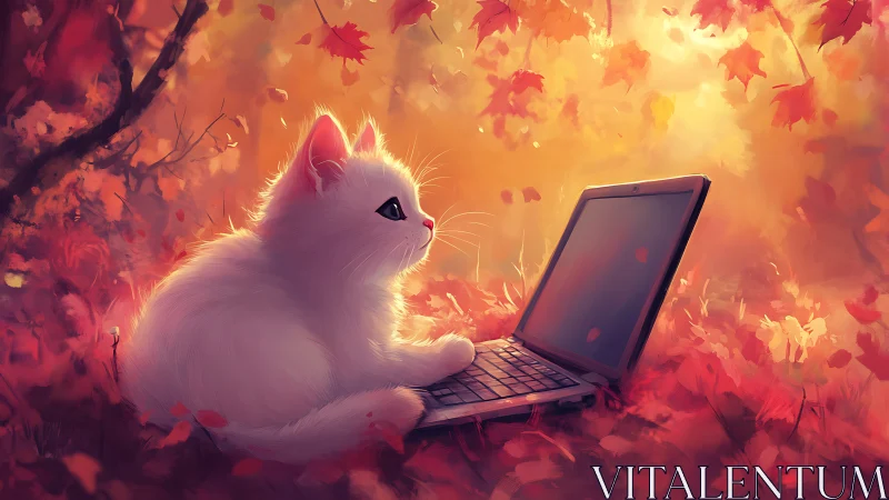 Curious White Cat Discovers Technology in Autumn's Glow.