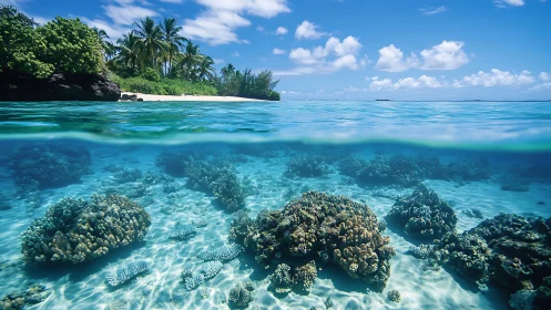 Split-level tropical reef scene captures coral topography and shoreline