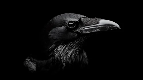 Dramatic close-up of a raven in dark monochrome style.