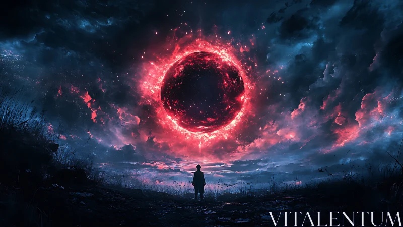 Crimson eclipse over a lone dreamer on the twilight path.