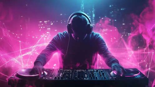 Silhouetted DJ operates digital mixer in neon studio lighting