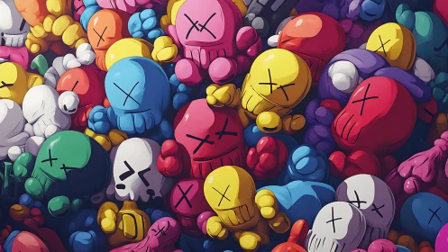 Candy-colored skull pile daydreams in glossy toy chaos