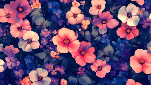 Luminous Cosmos: Pink and Blue Flowers Dance in Enchanted Darkness