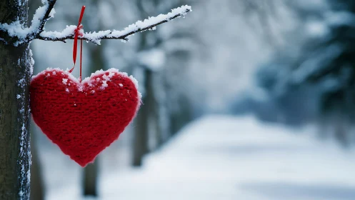 Red knit heart ornament suspended from frosted branch.