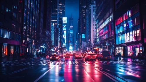 Neon lit city street at night with cars and wet pavement.