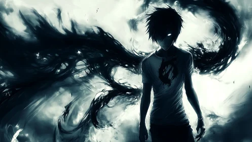 Backlit anime figure with luminous eyes and fluid shadow wings