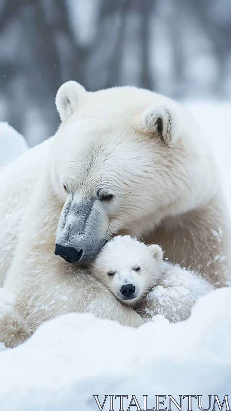 Adult polar bear with cub resting in snowy environment.