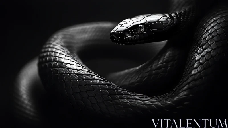 Coiled black snake in dramatic low key monochrome light.