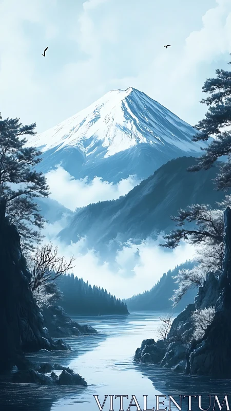 Snow peak mountain above misty pine valley and river.