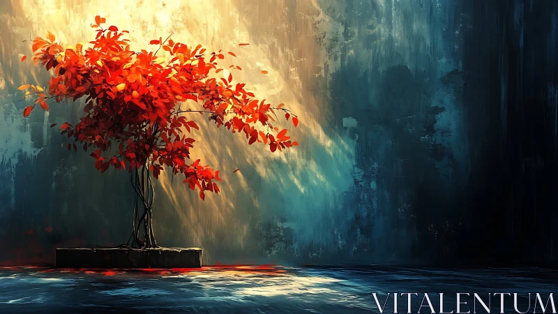 Red bonsai tree under dramatic light in abstract room.