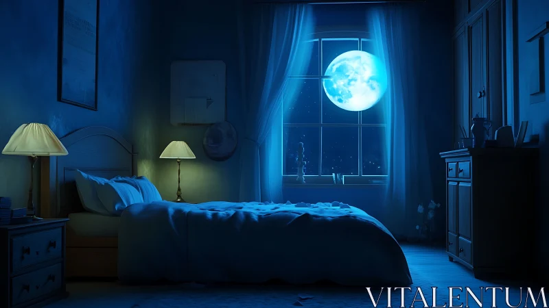 Moonlit bedroom interior with glowing full moon outside.