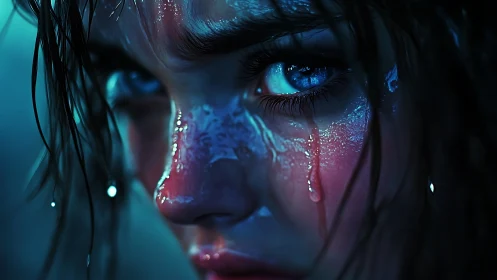 Storm-lit tear tracks blaze across electric blue eyes.