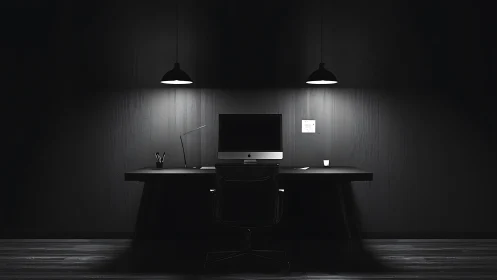 Monochrome workstation is illuminated by two pendant lamps