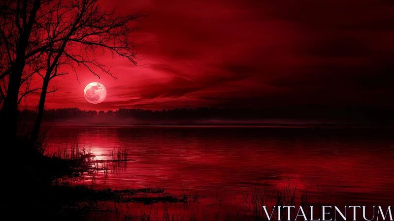 Crimson moonrise over reflective lake with silhouetted trees.