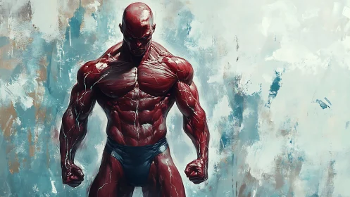 Flayed muscular warrior stands against abstract storm wall.