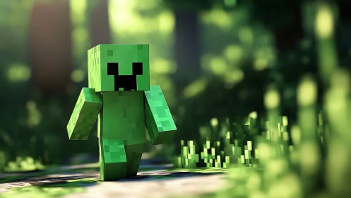 Blocky green game creature walks through a sunlit voxel forest