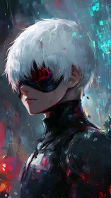 Silent masked warrior stands in a storm of neon color