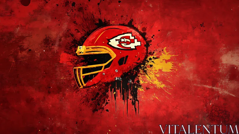 Grunge red football helmet with central logo and paint splatter