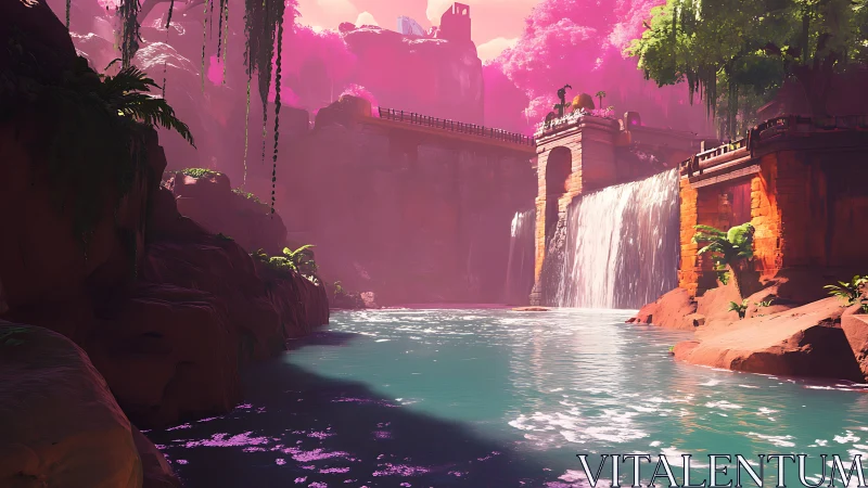Neon canyon waterfall sanctuary beneath a forgotten bridge.