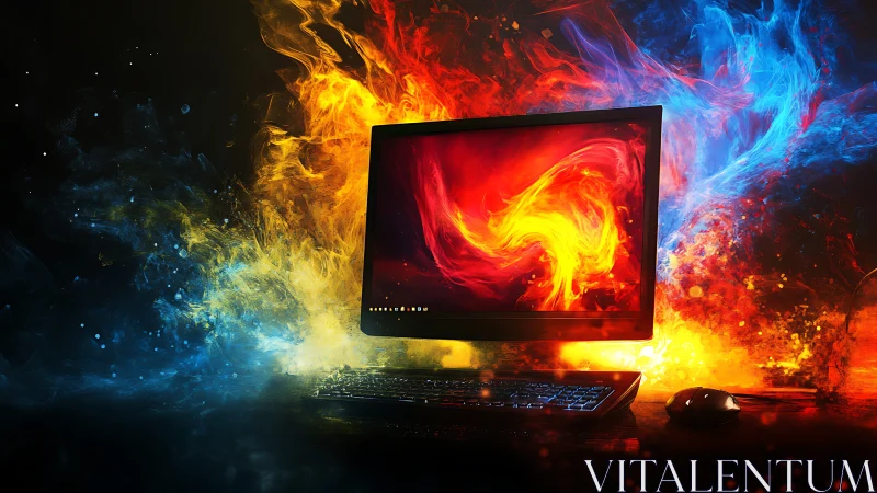 Fiery digital desktop glowing between cool blue flames.
