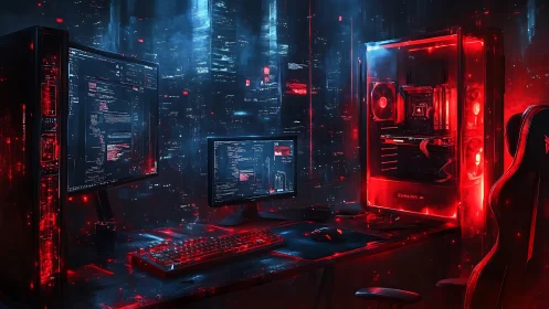 Cyberpunk coding battlestation glows in neon red haze