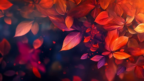 Glowing autumn leaves swirling in a dreamy twilight sky.