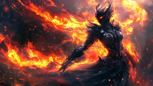 Armored fire elemental warrior emerges amid swirling plasma flames